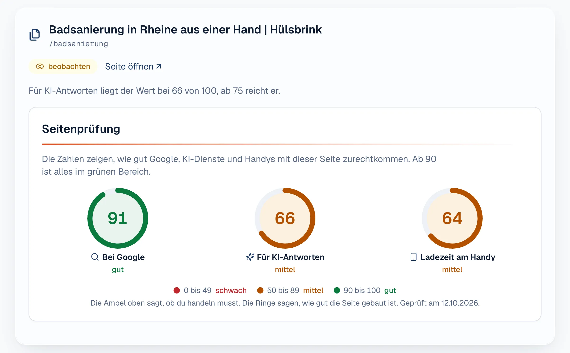 Eine echte RankMeister-Seitenprüfung zeigt Google, KI-Antworten und Ladezeit am Handy