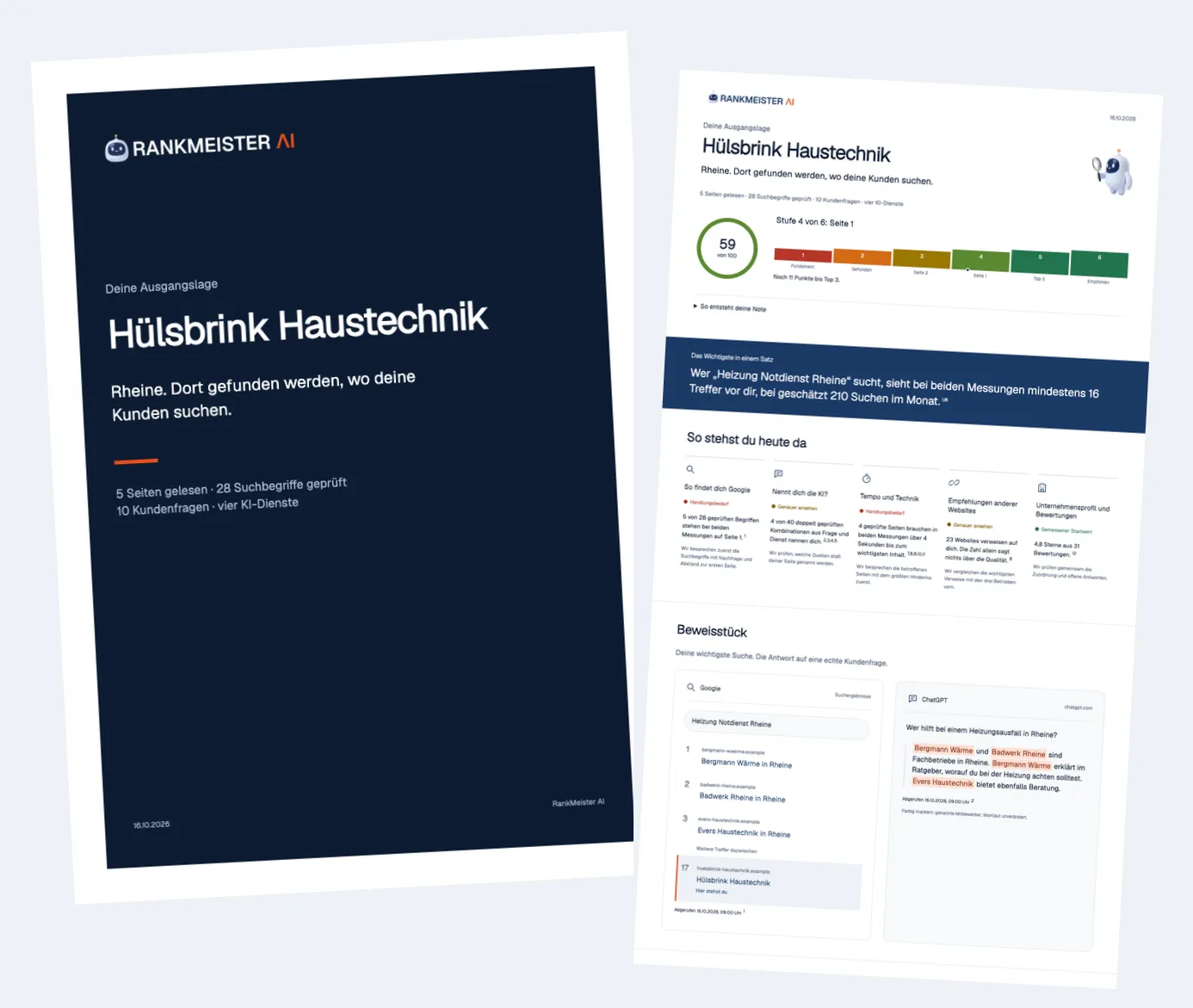 Deckblatt und erste Seite der Ausgangslage von Hülsbrink Haustechnik: Note 59 von 100, Stufe 4 von 6 auf der Sichtbarkeitstreppe, „So stehst du heute da“ und das Beweisstück mit der Google-Suche und der Antwort von ChatGPT